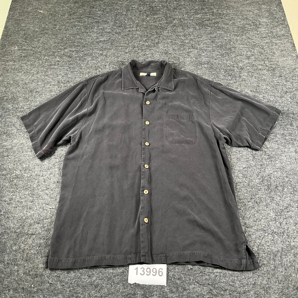 Tommy Bahama Silk Shirt Mens M Black Excellent Vintage Camp Collar Short Sleeve
